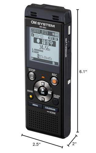 Olympus WS-883 Digital Voice Recorder, Linear PCM/MP3 Recording Formats, USB-A Battery Charging, True Stereo Microphones, Low-Cut Filter and 8GB Built-in Memory (Black)