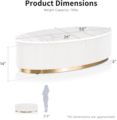 Image of Luxury Oval White Coffee Table with Nano Composite Marble-Look Top & Gold Base, Waterproof Plywood, Contemporary Center Table with Ribbed Fluted Design for Living Room & Home Decor