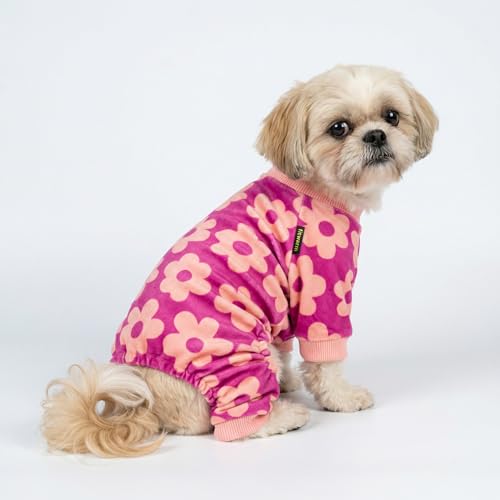 Image of Fitwarm Flower Fleece Dog Pajamas, Warm Winter Dog Clothes for Small Dogs Girl, Cozy Pet Onesie with Feet, Pink, XS