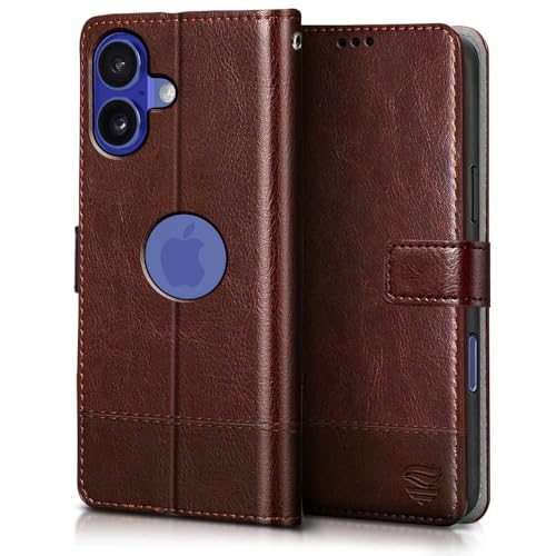Image of FLIPPED Vegan Leather Flip Case Back Cover for iPhone 16 (Flexible, Shock Proof | Hand Stitched Leather Finish | Card Pockets Wallet & Stand | Tan with Brown)