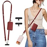 TiMOVO Clip & Go Strap Phone Lanyard, Cell Phone Chain with Leather Wallet Pouch, Universal Crossbody Phone Lanyard Adjustable Neck Strap Compatible with Most Smartphones, Dark Red
