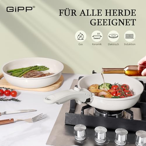 GiPP Juego de Ollas y Sartenes Cerámicas Antiadherente - Juego de Cocina con Mangos Desmontables, No Tóxico, Apto para Inducción, Horno y Lavavajillas(Blanco 5PCS) - imagen 5