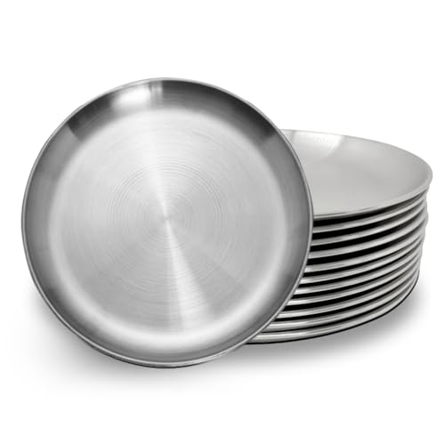 WANBY Stainless Steel Plates 8inches 12Pack Metal Dinner Dishes Plate Set