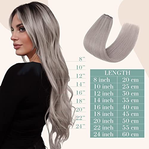 Image of Benehair 8pcs 14inch Clip in Hair Extensions Real Human Hair Clip on Double Weft Remy Soft Silky Straight Natural Highlighted Grey