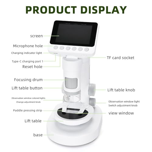 Bisofice Mikroskop Digital Microscope 1000X, USB Mikroskop, Abnehmbar 2-in-1 Digitales Mikroskop für Kinder, Outdoor Taschenmikroskop mit 6 einstellbaren LED, 3,5 Klappdisplay
