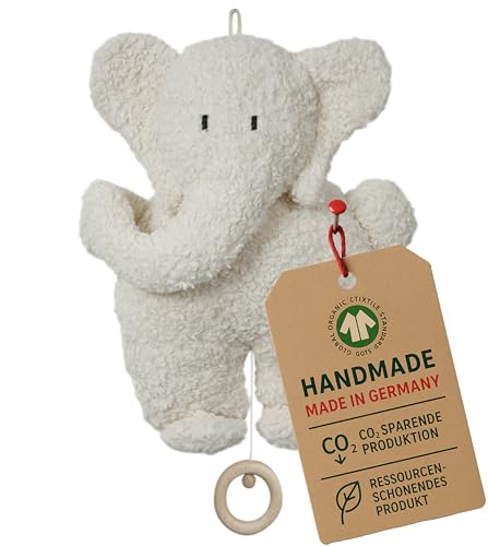 Efie Spieluhr Elefant aus Bio-Baumwolle (KBA), GOTS-Zertifiziert, waschbar, handgefertigt - Melodie: Sandmann, Lieber Sandmann