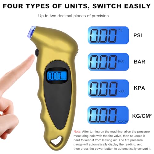 Image of KVAEY Digital Tire Pressure Gauge, 150 PSI 4 Settings Accurate Tire Gauge with Non-Slip Grip, Backlight LCD Tire Pressure Gauge Reader Checker Tool for Car Truck Bicycle Motorcycle (Golden)