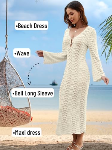 Women's 3D Wave Crochet Beach Cover-up, Heavyweight Dress with Elegant Drape, Bell Sleeve Deep-V Backless3