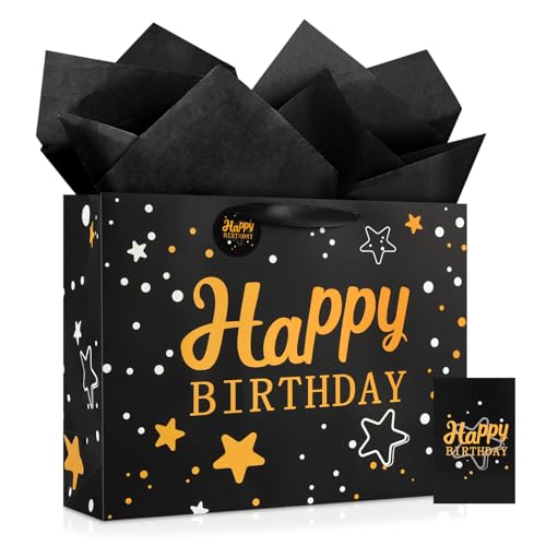 Image of JMANNI Large Happy Birthday Gift Bag with Tissue Papers and Greeting Card,Portable Paper Gift Bags with Handles,Present Bags for Women Men Birthday Party Supplies 13 inch x10.2 inchx4.7 inch(Black Starry Sky)