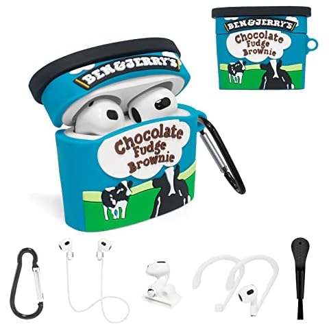 Case for Airpods 3 Generation, Cute Case Kawaii Blue Ice Cream Cup Cartoon Novelty Cover, 6in1 Accessories/Carabiner/Anti-Lost Rope,Watch Strap,Ear Clip/Small Brush Cover