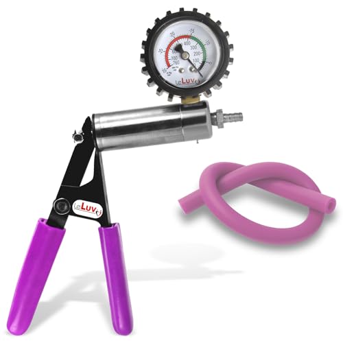 LeLuv Ultima Purple Vacuum Pump - Aluminum Alloy Silver Handle Manual Hand Vacuum (0-30 Hg, 0-760 mmHg), Gauge Installed with Protective Rubber Cover, Silicone Padded Grips with Silicone Hose