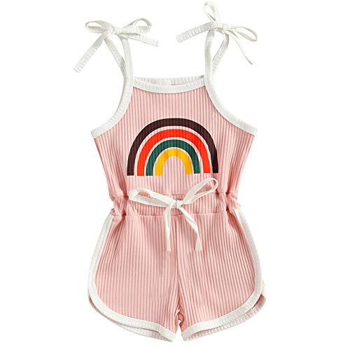 Pudcoco Baby Girls One-piece Ribbed Romper Overall Shorts Sleeveless Straps Rainbow Bodysuit (Pink, 2-3 Years)