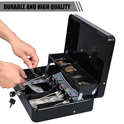 Image of KYODOLED Metal Cash Box with Key Lock, Anti-Theft Cable & Waterproof Pouch | Heavy Duty 0.7mm Steel, Windproof Bill Clips, Hidden Compartment, for Flea Market Vendors & Small Business, 11.8 inch, Black