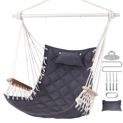 ROOITY Hammock Chair Hanging Swing with Wooden Armrest;Steel Spreader Bar,Pillows,Hardware kit Included;Cotton Woven Fabric;Up to 350 Lbs,for Indoor or Outdoor