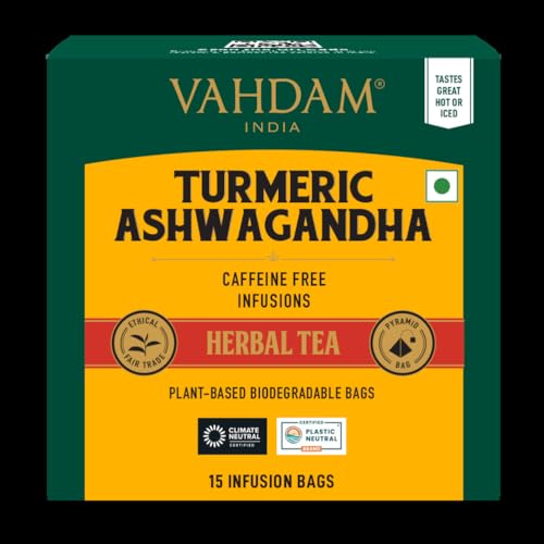 VAHDAM, Turmeric Ashwagandha Herbal Tea Bags (15 Count) Caffeine Free, Non GMO, Gluten Free | 100% Pure Herbal Blend - Sweet & Earthy | Individually Wrapped Pyramid Tea Bags | Direct from Source