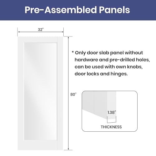 SMARTSTANDARD 32\" x 80\" Interior Glass Door, Solid Core Clear Glass Pantry Doors, Pre-Assembled Slab Door for Bedroom French Pocket Laundry Bathroom, White Primed, Without Hardware Kit - Thumbnail 6