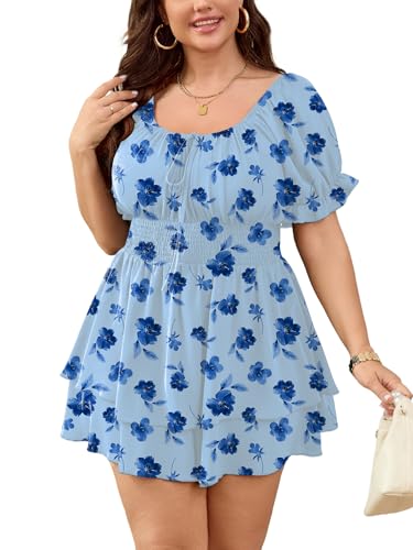 SCOMCHIC Women Plus Size Romper Dress Summer Short Jumpsuit Square Neck Puff Sleeve High Waist Ruffle Boho Jumpsuits