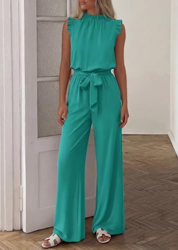 KIRUNDO Jumpsuits For Women Dressy Summer One Piece Sleeveless Ruffle Mock Neck Belt Pockets Formal Wide Leg Pants Romper(Lake Blue, XX-Large) — view 2