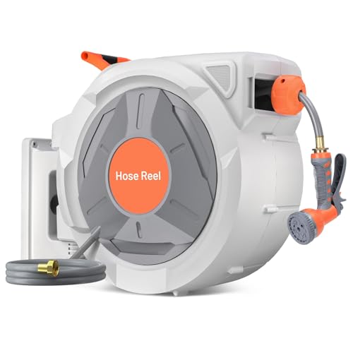 Retractable Garden Hose Reel 100ft, Wall Mount with 9-Pattern Nozzle & Auto Rewind, 5/8 Inch Hose Reel with Any Length Lock, 180&deg; Swivel Bracket
