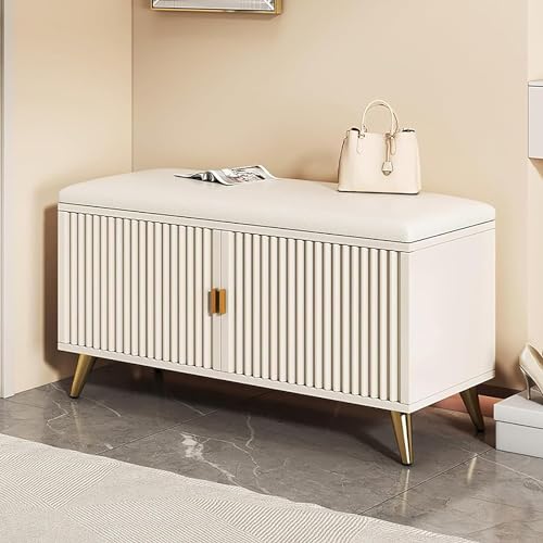 Zapatero de madera para pasillo con puerta y asiento acolchado, zapatero, banco de almacenamiento para entrada, dormitorio, oro blanco (tamaño: 60 x 30 x 50 cm)