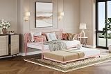 Daybed with Trundle, Metal Twin Size Daybed with Stylish Headboard, Metal Sofa Bed Frame with Steel Slat Support for Living Room, Bedroom and Guest Room, Pink