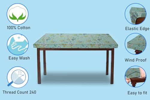 Image of The Furnishing Tree Elastic Cotton Rectangular Dining Table Cover 36x63 in Inches Floral Golden Leaf on Blue Base