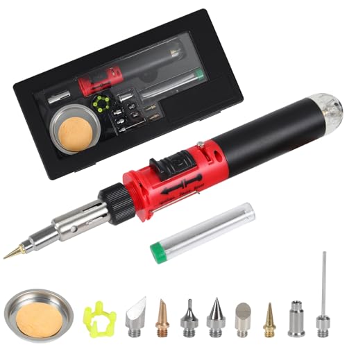 Larlarsa Butane Soldering Iron Pen Basic Kit Cordless Self-Igniting Adjustable Flame Soldering Torch with 8 Interchangeable Tips and Refillable Tank