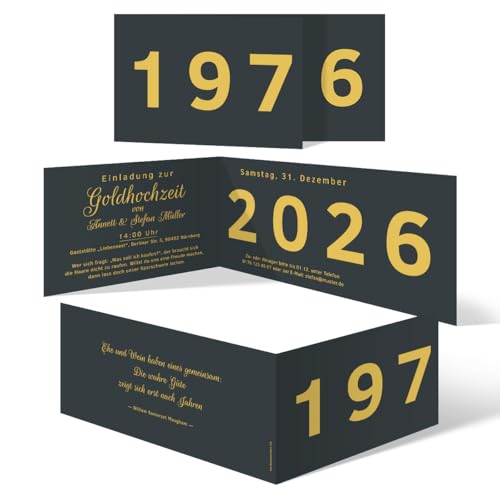 Kartenmachen.de Individuelle Goldhochzeit Hochzeitseinladungen ab 10-100 Stück selbst gestalten, goldene Hochzeit Einladung - Jahrzehnt Sprung, zugeklappt 1976, aufgeklappt 2026 (50 Jahre)