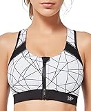 Yvette Damen Sport BH Starker Halt Vorderverschluss Gepolstert Ringerrücken Lauf Joggen Reiten Bra,Weiß/Schwarz,XL Große Größen