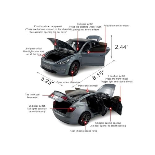 Image of DEOXY 1:24 Scale Tesla Model 3 Die-Cast Toy Car - Black Electric Vehicle Model with Openable Doors, Hood & Trunk, Pull Back Action, Lights & Sound - Metal Body for Kids