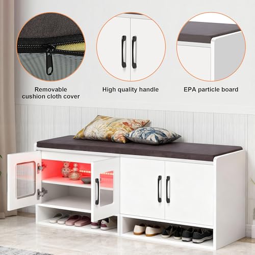 vellaniq Shoe Bench with Thickened Cushion,Entrance Bench with Glass Door and Ambient Light,Three-Layer Shoe Rack,Color Changing Light Strip, Two Large Storage Spaces,Living Room,Bedroom,White - image 6