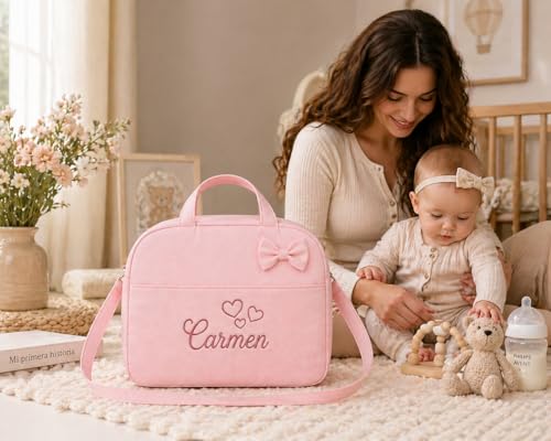 Miniatura 8 de Danielstore - Bolso Maternidad Personalizado Organizador Pañales Asa Colgar Al Hombro Compatible Carrito Bebe Fácil Limpieza, Rosa, 1 Unidad, Polipiel