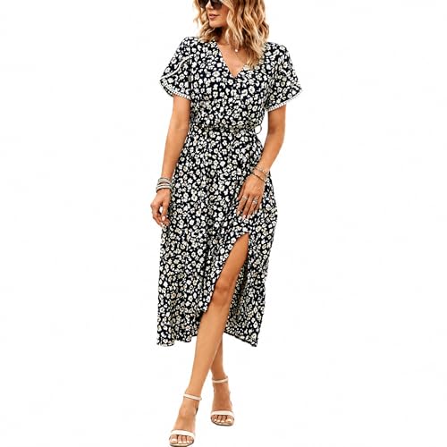 Image of es-uk Women’s Floral Wrap Midi Dress V Neck Short Sleeve Summer Dress Elastic Waist Boho Casual Holiday Dress with Side Split (2308 - Black, S)