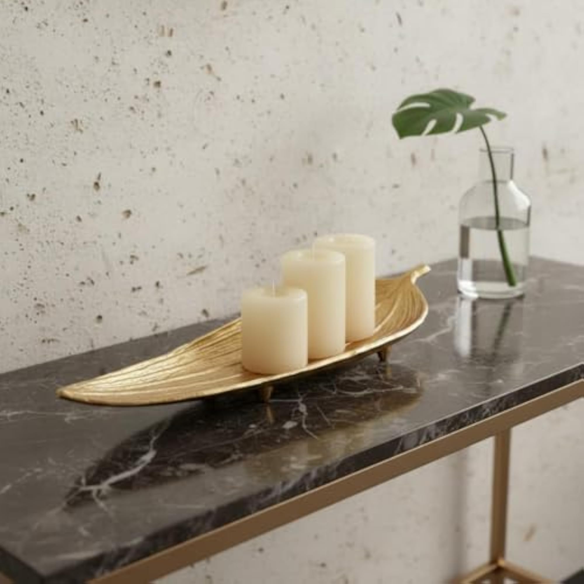Gold Finish Decorative Leaf Tray, Ribbed Surface Leaf Shaped Tray