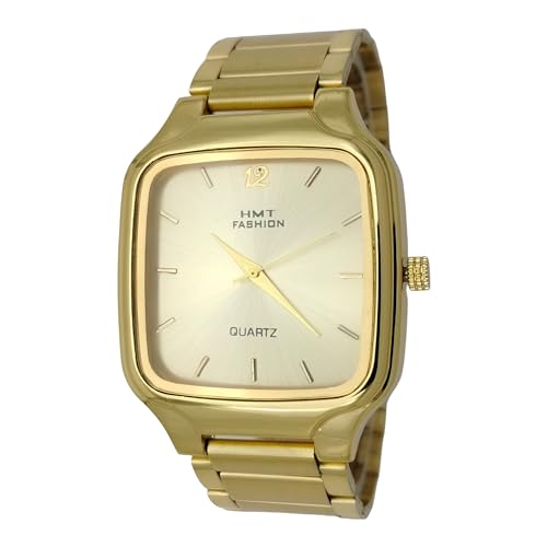 Image of HMT FASHION Golden Dial Wrist Analog Watch, Golden Square Big Size Dial Metal Strap Mens & Boy's Watches Hmtf7300G