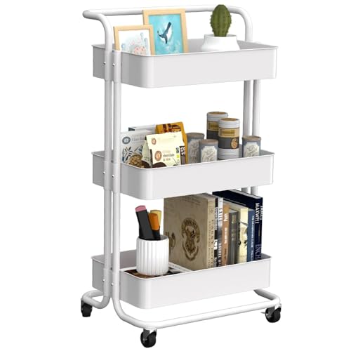 Image of EZ COZY 3-Tier Rolling Cart, Heavy Duty Metal Diaper Cart with Wheels, Utility Rolling Storage Cart Organizer, Easy Assemble Storage Trolley for Kitchen, Bathroom, Office