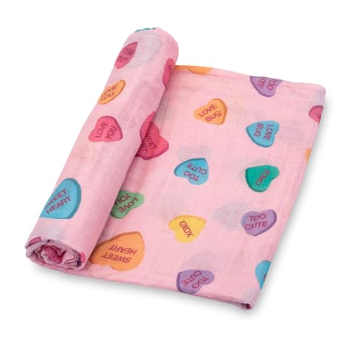 Image of LollyBanks Baby Blanket, Muslin Swaddle Blanket 100% Cotton, Soft Baby Girl Blanket 47 x 47 Inches, Nursery Swaddling Blankets for Girls, Baby Essentials, Registry (Heart /Valentine's Day Print)