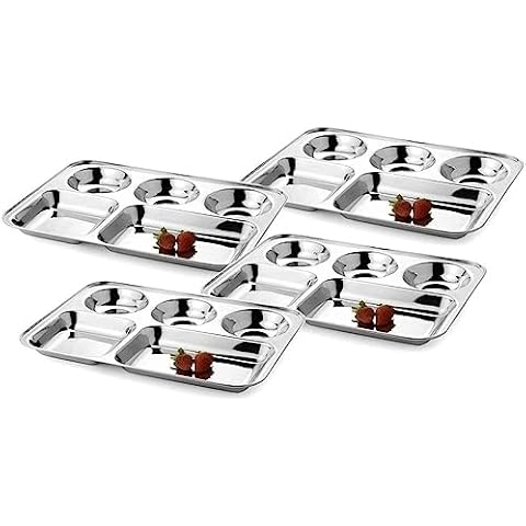 WhopperIndia Stainless Steel Five Compartment Square Plate, Thali, Mess Tray, Dinner Plate Set of 4 pcs- 33 cm each Cover