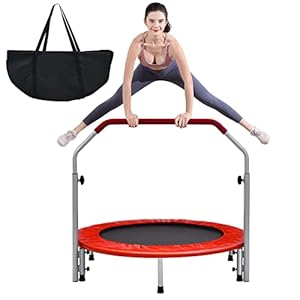 GYMAX 40″ Mini Fitness Trampoline, Foldable Exercise Rebounder with 4-level Adjustable Foam Handrail, Indoor/Outdoor Gym Trampolines for Kids Adults