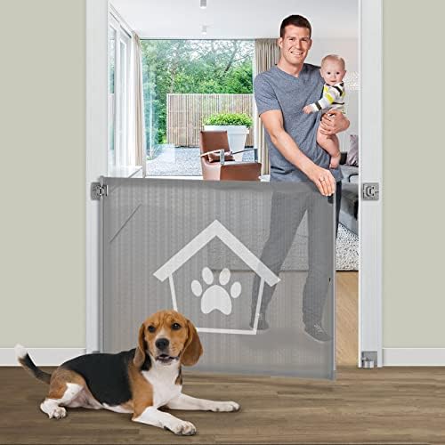 Ownpets Dog Gate 105CM, Pet Safety Guard Mesh Dog Gate Adhesive Installation and Easy Operation, Dog Safety Gate for Indoors, Outdoors, Doorways, Stairs and Hallways, Not Retractable (Grey)