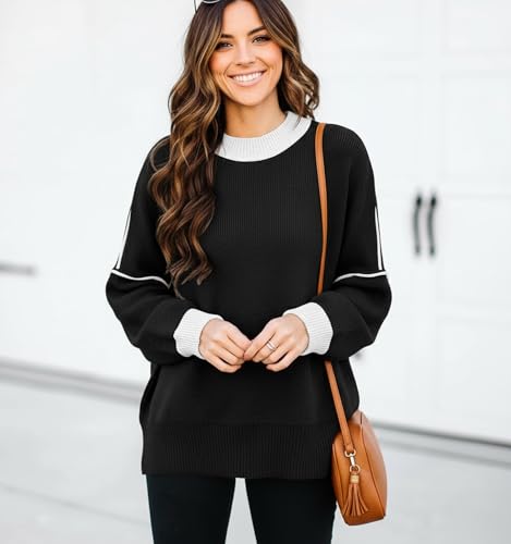 Image of Womens Oversized Sweaters Fall 2026 Fashion Clothes Colorblock Knit Tops | ETCYY Striped Sweaters For Women Trendy,Batwing Sleeve Oversized Sweater Pullover Tops,Cute,Spring Winter Fall Outfits