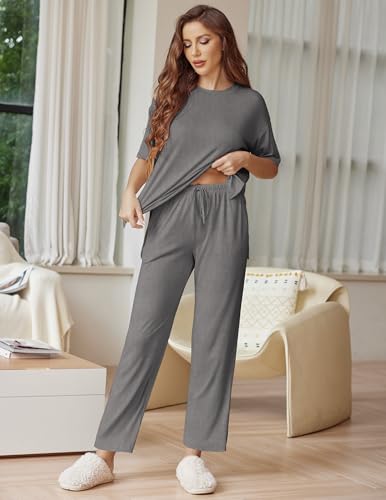 Image of Ekouaer Lounge Sets for Women Short Sleeve Tops and Long Pants Soft Comfy Pajamas Set 2 Piece Outfits