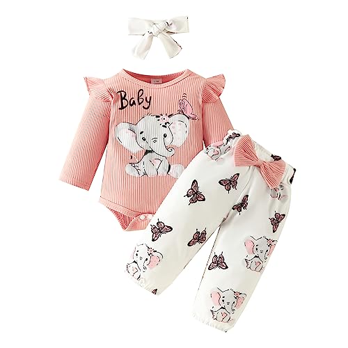 Image of Newborn Baby Girl Clothes Elephant Outfit Ruffle Long Sleeve Ribbed Romper Top Cute Bow Pants Set with Headband