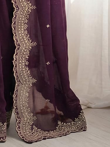 Image of SIRIL Women's Shimmer Georgette Scalloped Border Sequins Embroidery Saree with Unstitched Blouse Piece