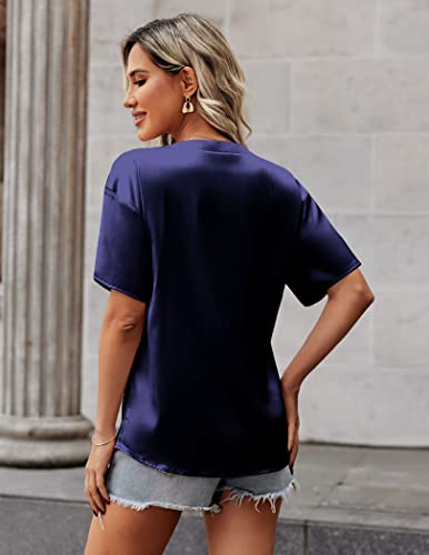 Hotouch Blusa feminina de cetim de seda, manga curta, solta, gola redonda, túnica casual de verão co