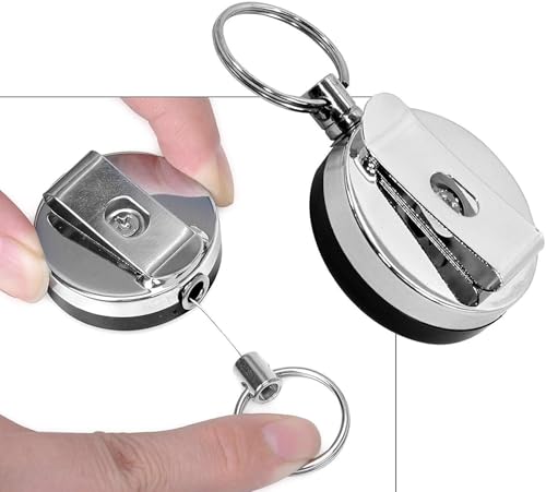 Image of AccuPrints Pack of 2 Heavy Duty Retractable Badge Holder with Key Ring, Chrome Metal, Professional ID Card Reel, Belt Clip Design