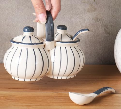 Image of Niyara Multipurpose Storage Ceramic Pickle set Jars & with Lid & tray (Set of 2, 300 ML) (Grey line design)