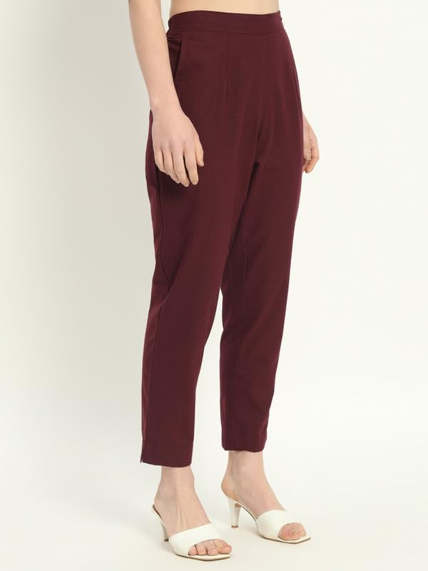 Image of Women's Solid Straight Fit 100% Cotton Trousers | High Waist, Side Pockets, Ankle Length Pants for Office, Casual