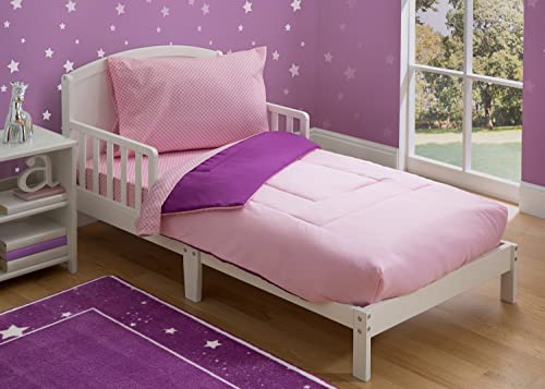 Delta Children Toddler Bedding Set | Girls 4 Piece Collection | Fitted Sheet, Flat Top Sheet w/Elastic Bottom, Fitted Comforter w/Elastic Bottom, Pillowcase Pink & Purple | Gingham