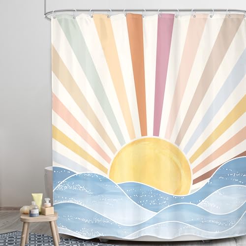 LGhtyro Boho Rainbow Sun Shower Curtain Bathroom Set 60Wx71H Inches Retro 70s Abstract Colorful Sunshine Sunrise Sunset Ocean Sea Waves Bath Accessories Aesthetic Art Home Decor Fabric 12 Pack Hooks by LGhtyro - Used condition - Image 3